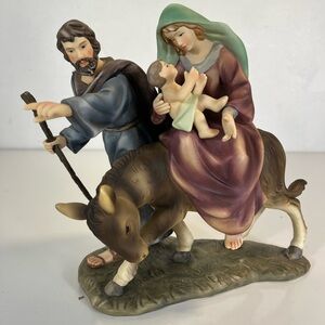 Flight Into Egypt Joseph, Mary, Baby Jesus 8" Porcelain Sculpture Figurine